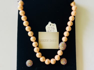 HEDI DAUS Peach Pearl Necklace w/matching Peach Rhinestone Earrings