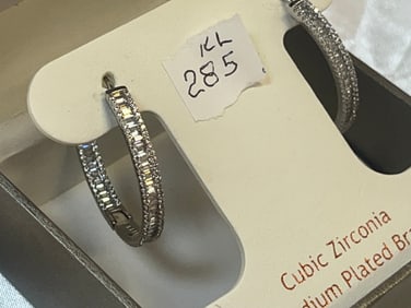 Pair Cubic Zirconia Rhodium Plated Brass Hoop 1.25" Earrings