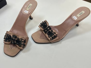 Prada Baby Pink Saton Emvellished Bowtie /Retro Kitten Heel Slide Sandals