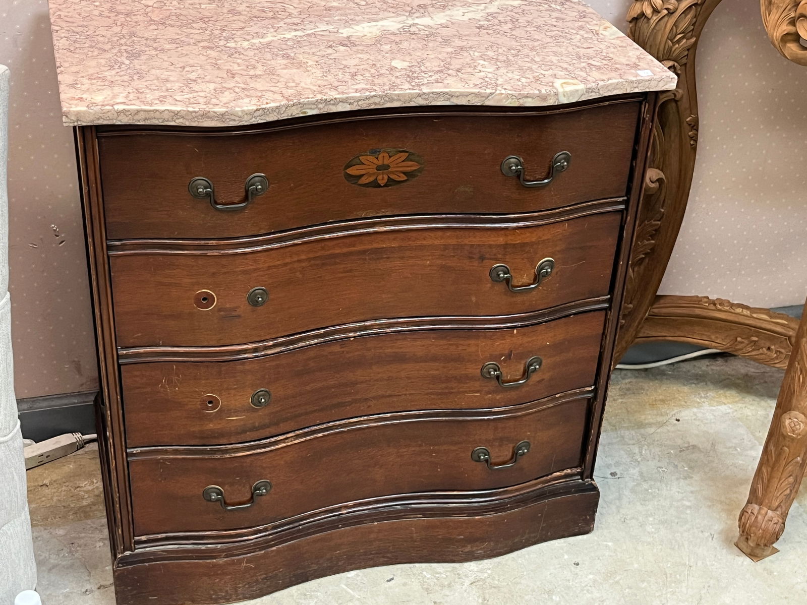 Marble Top, Mahogany Serpentine Front 4-Drawer Chest (miss. Couple Pull Handles) (1 of 3)