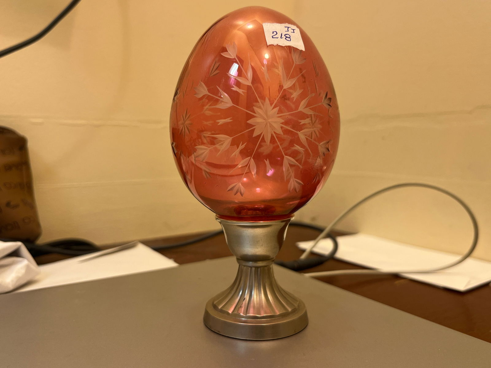 Hand Blown Cranberry Art Glass 6"h Egg on Silver-tone Stand (1 of 1)