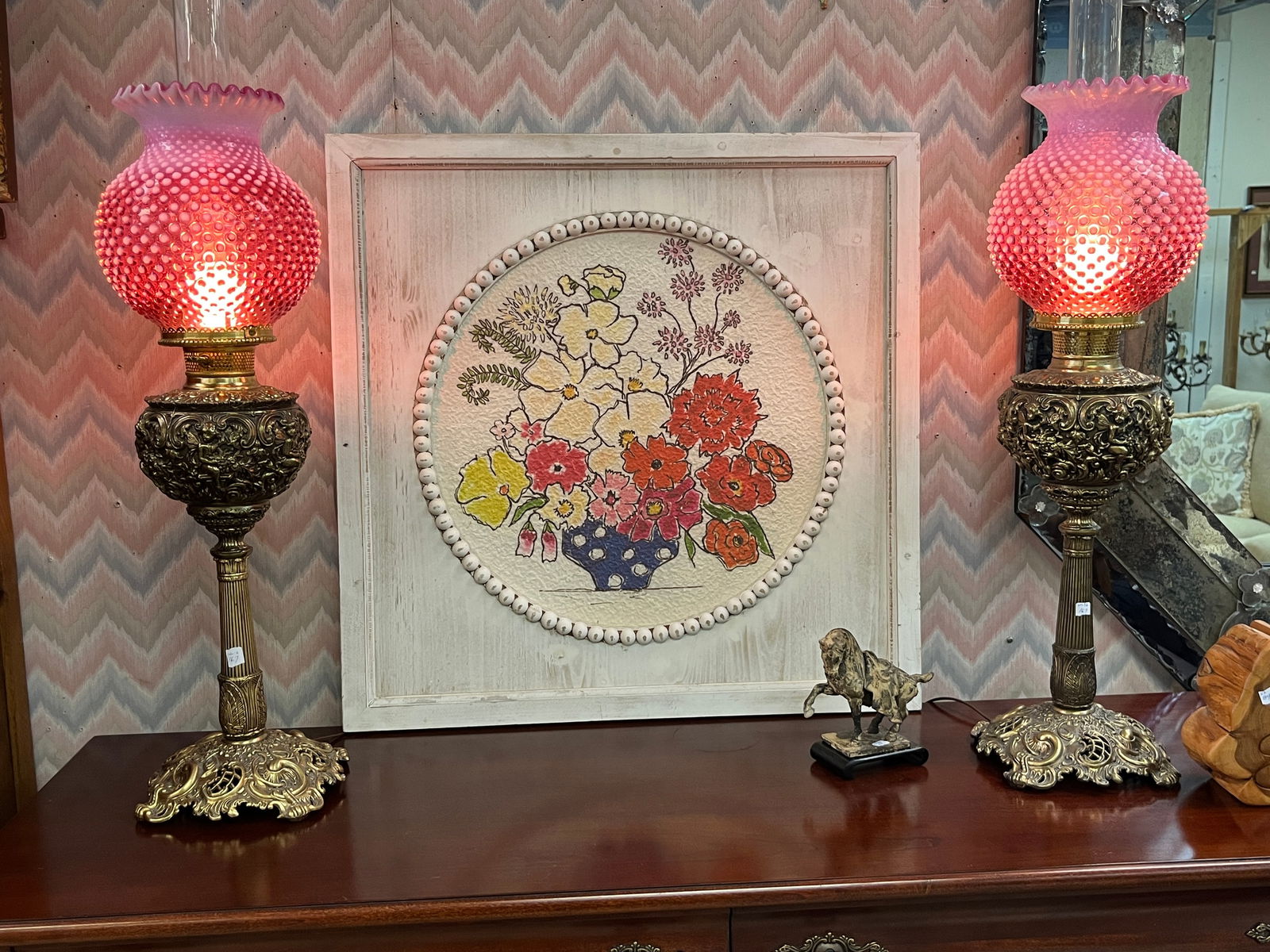 Pair Electrified Oil Lamps, Brass Angel Oil Chambers (1 of 4)