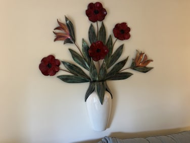 Sculptured Wall Art Hand Painted Metal Floral with Ceramic Vase