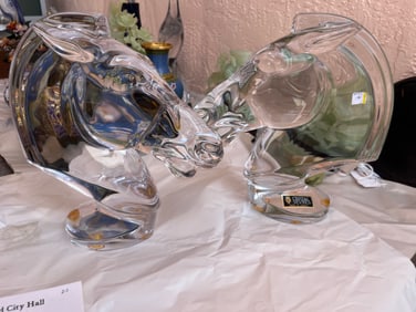 Pair Sevres French Crystal Horse Head Sculpture Mid Century Modern France 1970's