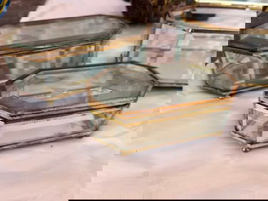 Nest of 3-VTG Octagonal Etched Glass & Brass Jewelry/Trinket Boxes