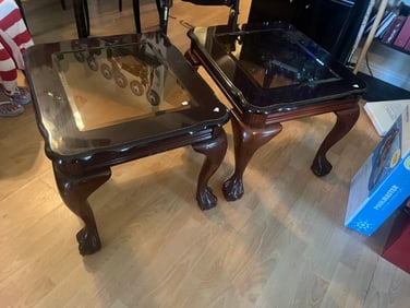 Pair VTG Ball Claw Foot End Tables with Inserted Glass Top