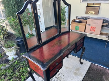 VTG Black Painted Vanity Dresser with Matching Small Stool