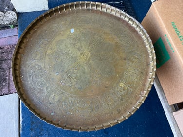 VTG Hand Hammered Brass Tray has folding Teak Stand or can be Hung on the Wall