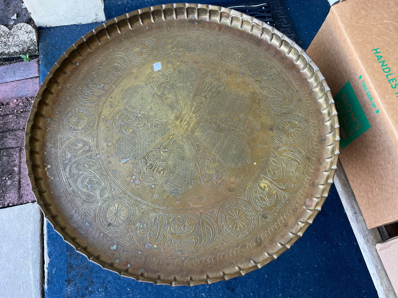 VTG Hand Hammered Brass Tray has folding Teak Stand or can be Hung on the Wall (1 of 3)