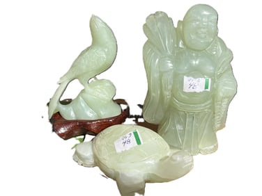 (3) Small Chinese Hand Carved Xiu-Jade Sculptures (Bird-Turtle-Happy 4"h Buddha)