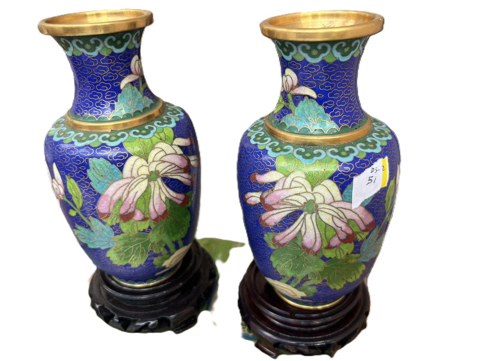 (2) VTG Chinese Blue Floral Enamel Cloisonne Vases: (2) VTG Chinese Blue Floral Enamel Cloisonne Vases