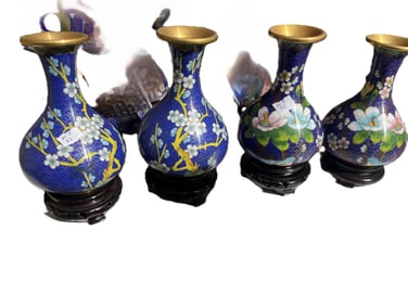 (4) VTG Chinese Blue Floral Enamel Cloisonne Vases