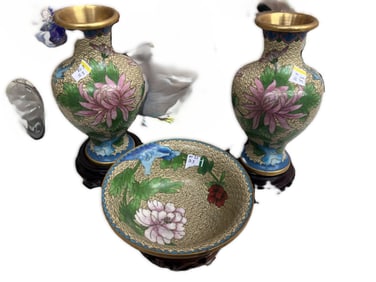 (2) VTG Chinese White Floral Enamel Cloisonne Vases & Bowl