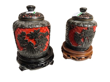 (2) VTG Chinese Carved Black & Red Lacquer Cinnabar Jars 4.5"h, with Lids on Stands