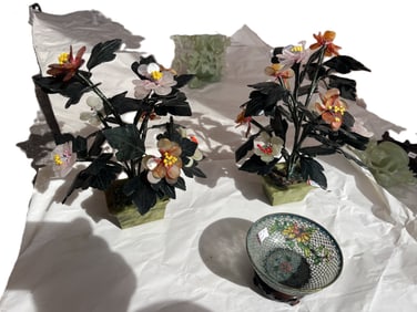 (2) VTG Bonsai Flowering Trees and a Chinese Plique-a-jour Floral Enamel Bowl (In French means