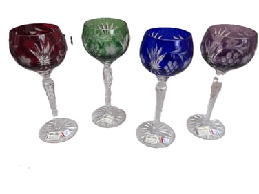 (4) Various Color Mouth-Blown Handcut Nachtmann-Hungry Wine Glasses