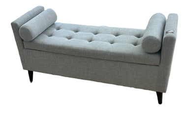Silver Gray Tufted Arm Settee Bench with 2-Roll Pillows, opens for Storage