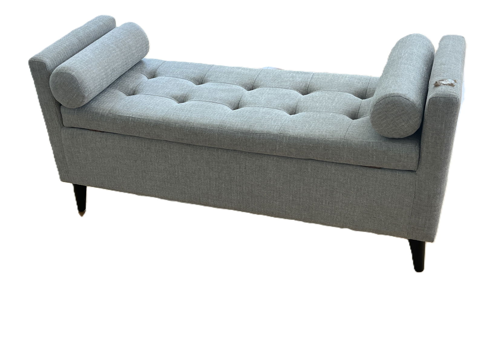 Silver Gray Tufted Arm Settee Bench with 2-Roll Pillows, opens for Storage: Silver Gray Tufted Arm Settee Bench with 2-Roll Pillows, opens for Storage