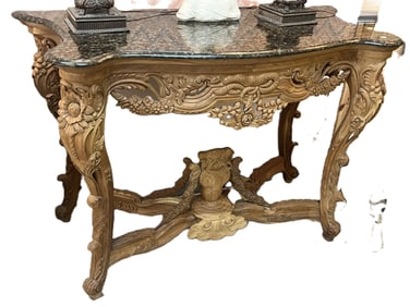 Blk. Granite Top Heavily Carved French Rococo Foyer Table