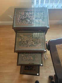 VTG Carved Elmwood Glass Top Nest of 4-Tables