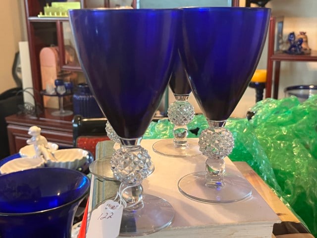 4-VTG Morgantown Glass Co. 'Ritz' Cobalt Blue, Clear Glass Golf Ball Stem Glasses, 1930's-1950;s (1 of 4)