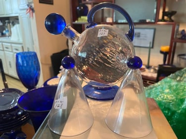 RARE VTG Clear with Cobalt Blue Decanter plus 2-Glass Candle Stick Bottom's Up Shot Glasses