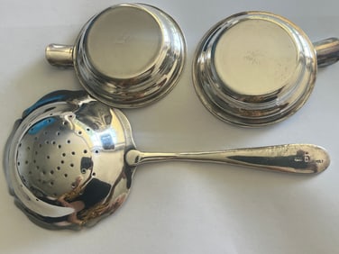 .900 Sterling Silver Tea Strainer plus 2-Silver Plated VTG Ashtrays