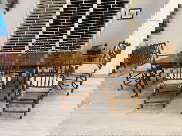 VTG Stickley Dining Room Table with 6- Rush Seat Wheat Sheaf Style Chairs