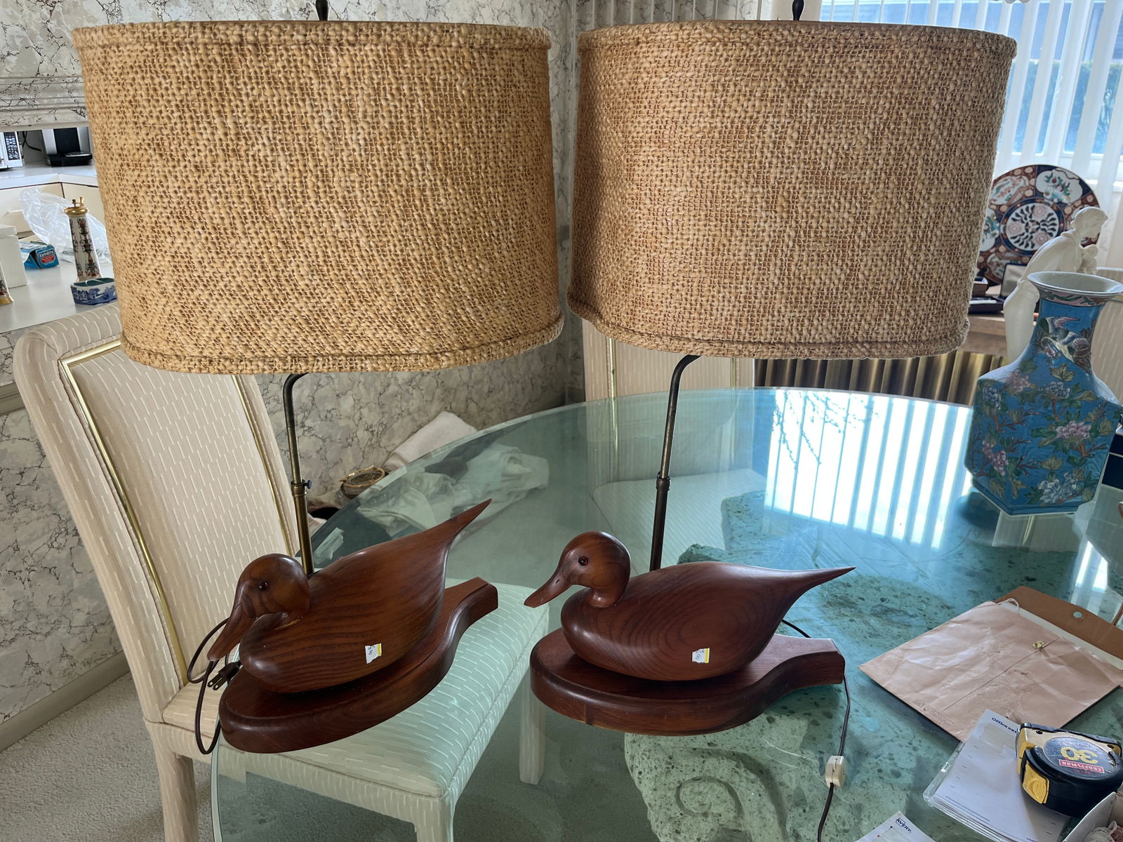 Pair VTG Wood Decoy Mallard Duck Lamps with Burlap Shades: Pair VTG Wood Decoy Mallard Duck Lamps with Burlap Shades