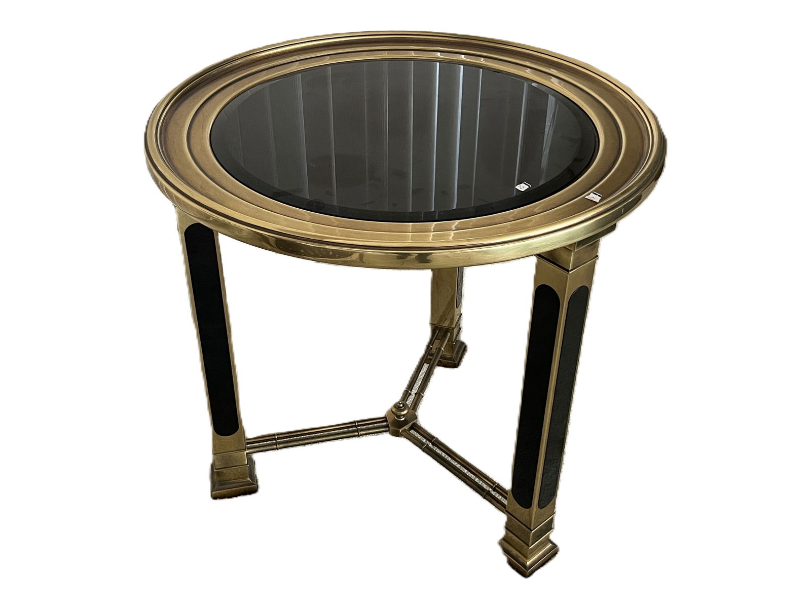 Maison Jansen or Milo Baughman for Mastercraft MCM Neoclassical or Hollywood Regency Style Brass &: Could be Maison Jansen or Milo Baughman for Mastercraft MCM Neoclassical or Hollywood Regency Style Brass & Black Accent Table (1960's-1970's) 24.5h x 26.5dia. Could be Maitland-Smith