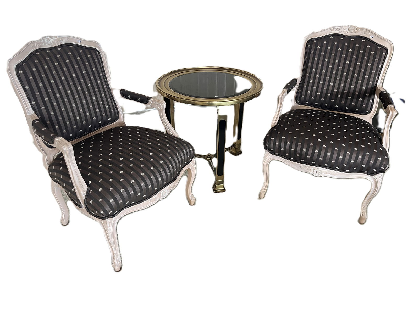 Pair French Louis XV Style Bergere Arm Chairs, Black & White Polka Dot Fabric: Pair French Louis XV Style Bergere Arm Chairs, Black & White Polka Dot Fabric