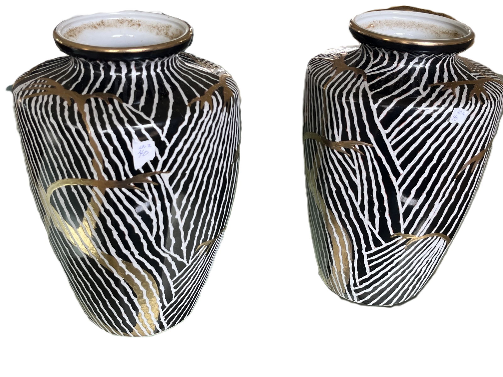 VTG Pair Porcelain Zebra Designed Vases, Black-White & Gold (1 of 2)