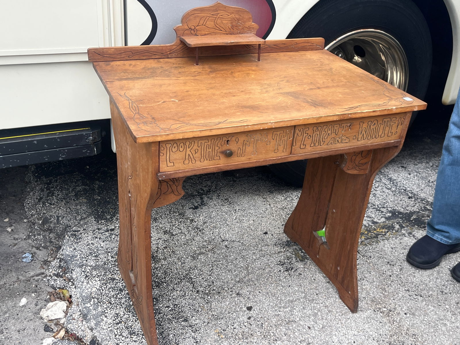 Art Nouveau Maple Writing Desk (1890-1910): Art Nouveau Maple Writing Desk (1890-1910) Inscribed on Front 'Look Then Into Thine Heart & Write (looks like 2- replaced wood dowels)