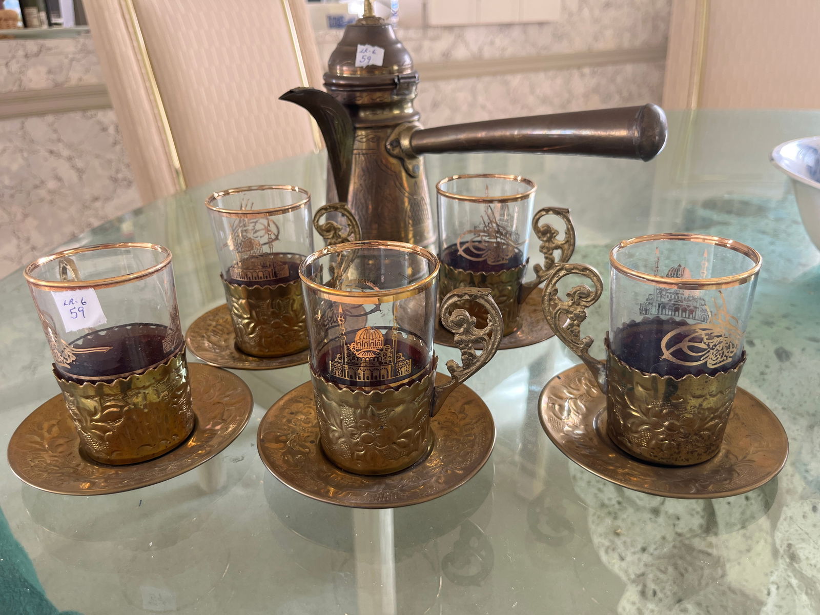(5) Turkish Tea Cups/Saucers plus Dallah Brass Coffee Pot: (5) Turkish Tea Cups/Saucers plus Dallah Brass Coffee Pot