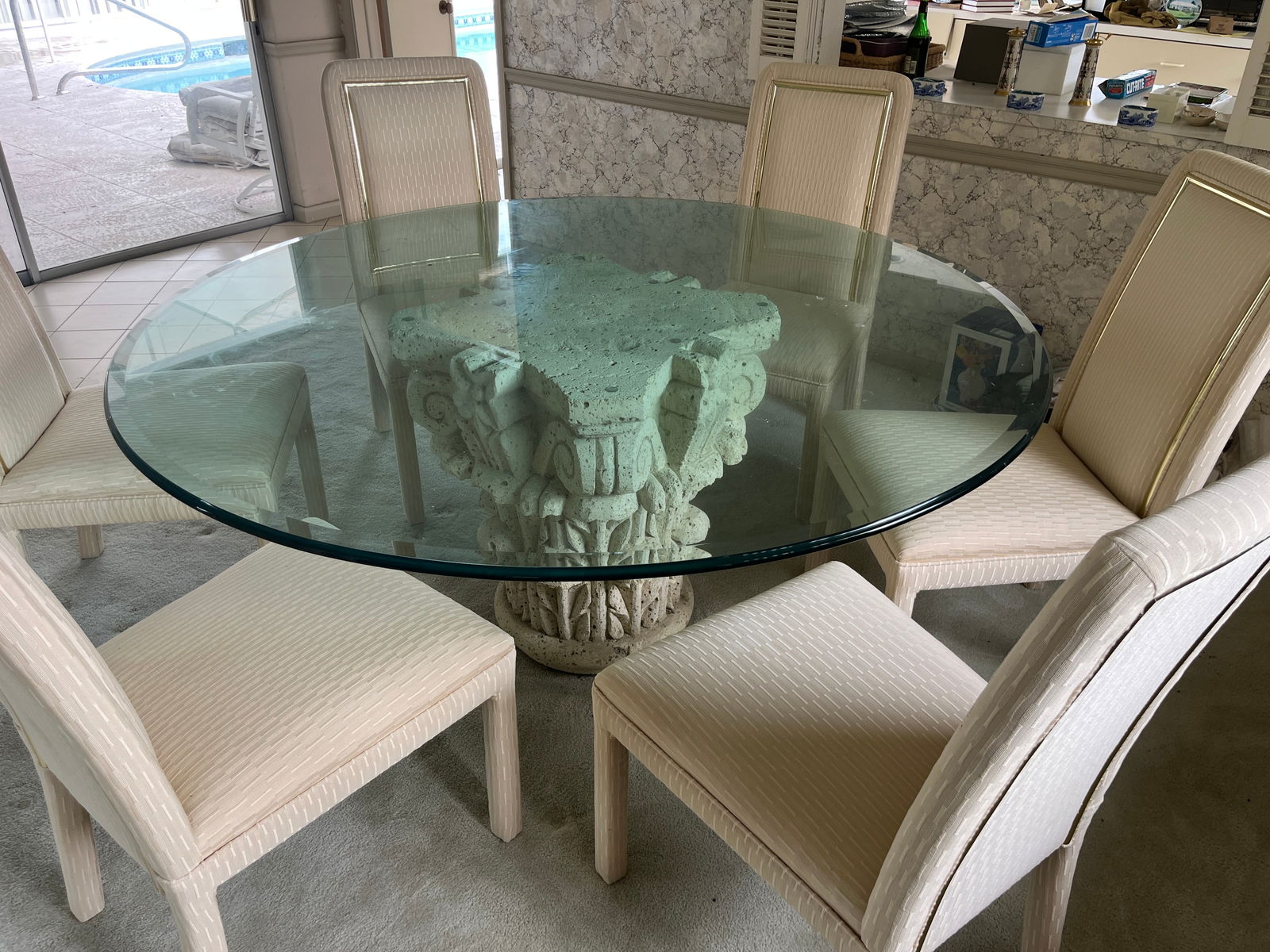 Beveled Glass Top Ornate Concrete Base Table, 6-Chairs (1 of 5)