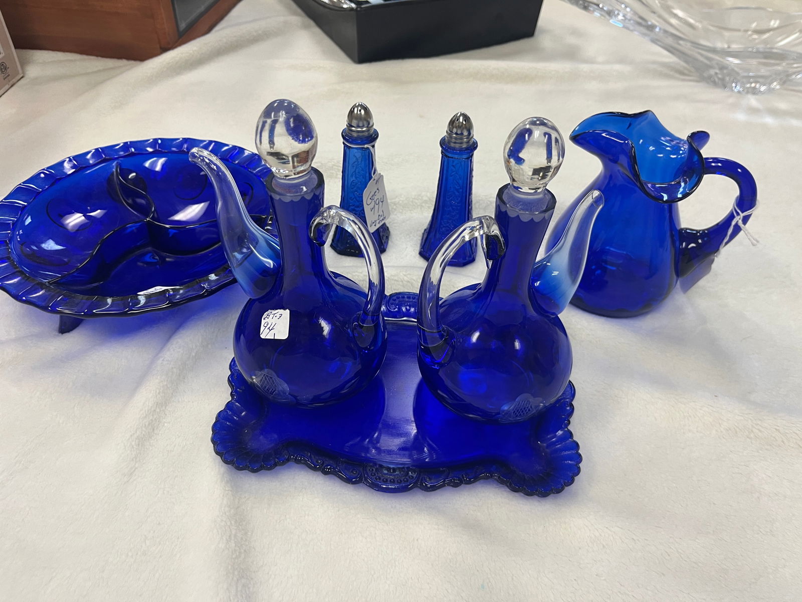 VTG Cobalt Blue Vinegar-Oil-Tray-Salt/Pepper-Pitcher-Footed Divided Candy Dish: VTG Cobalt Blue Vinegar-Oil-Tray-Salt/Pepper-Pitcher-Footed Divided Candy Dish