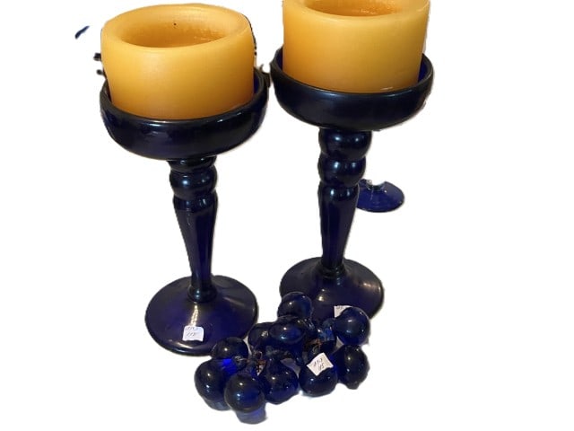 VTG Deep Cobalt Blue 9"h Candle Stick Holders plus Bunch of Grapes: VTG Deep Cobalt Blue 9"h Candle Stick Holders plus Bunch of Grapes