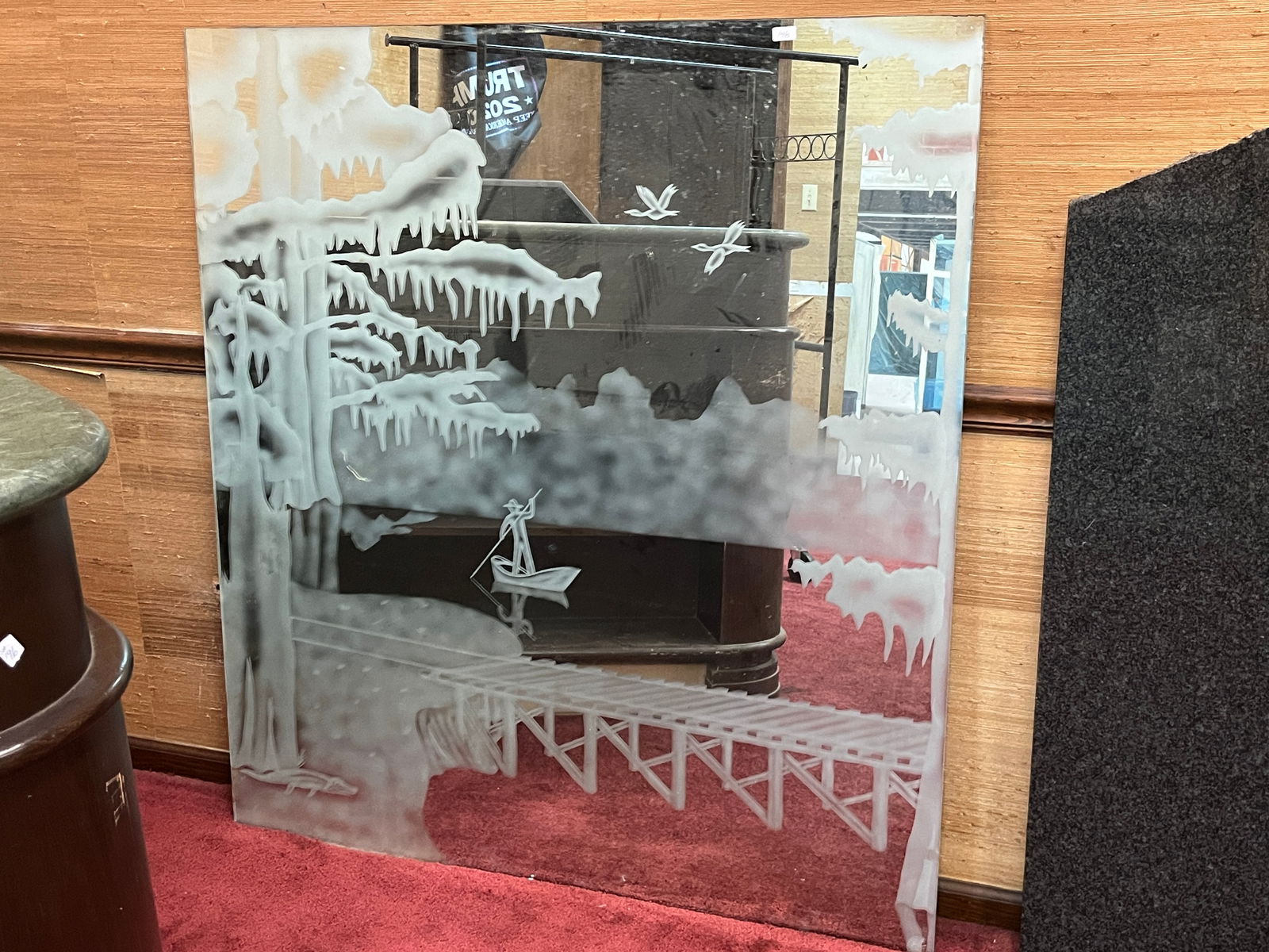 Famous New Orleans Restaurant Wall Mirror: One of the Etched Back Bar Mirrors from the famous New Orleans Restaurant 'Michoud Seafood' Depicting a Fisherman in the Bayou, lower left an Alligator has Birds & Trees 1960's, 52.5x48