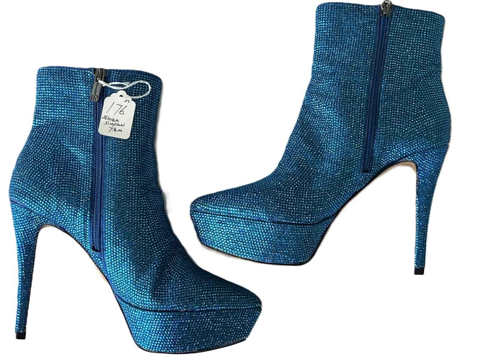 Jessica Simpson Platform Ankle Boots: Jessica Simpson Platform Ankle Boots, fully covered in Blue Rhinestones with a Stiletto Heel, inner zipper, size 7.5M