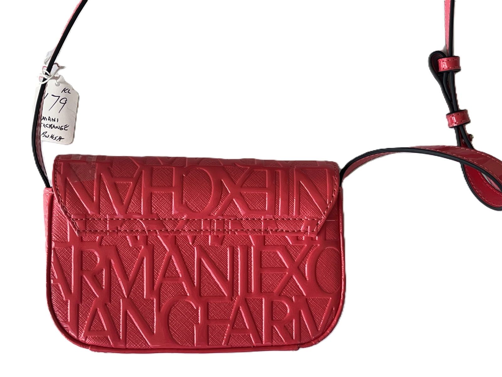 Armani Exchange embossed crossbody in a bold red-coral Bag: Armani Exchange embossed crossbody in a bold red-coral Bag with AX monogram embossing