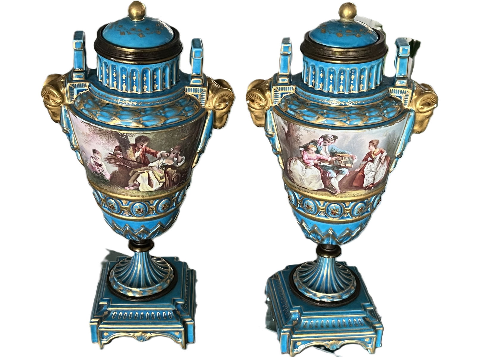 Pair Antiques Sevres Urns with Lids c.1753-1756: Pair Antiques Sevres Urns with Lids (the marks show 1753-1756)