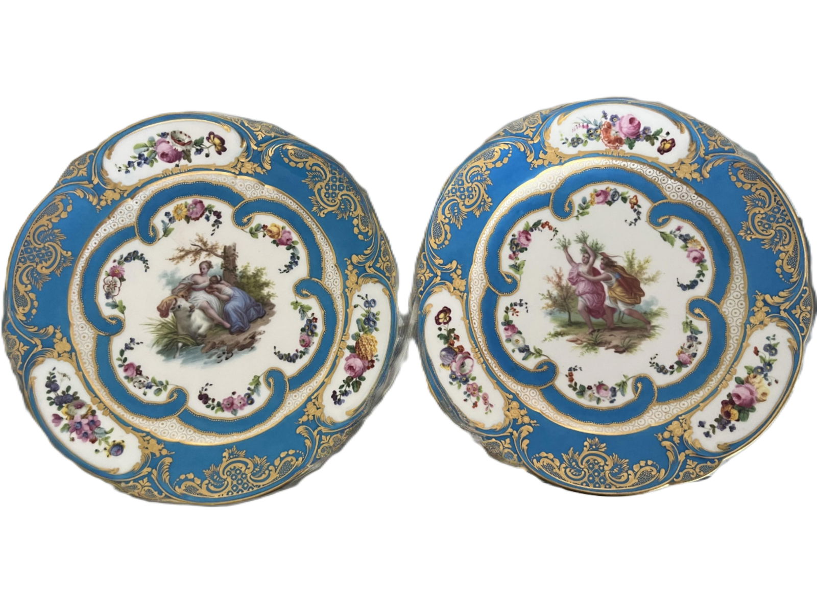 (2) Antique Sevres Plates c.1757-1783: (2) Antique Sevres Plates (one mark E=1757-1758) (one mark R=1774-1783)