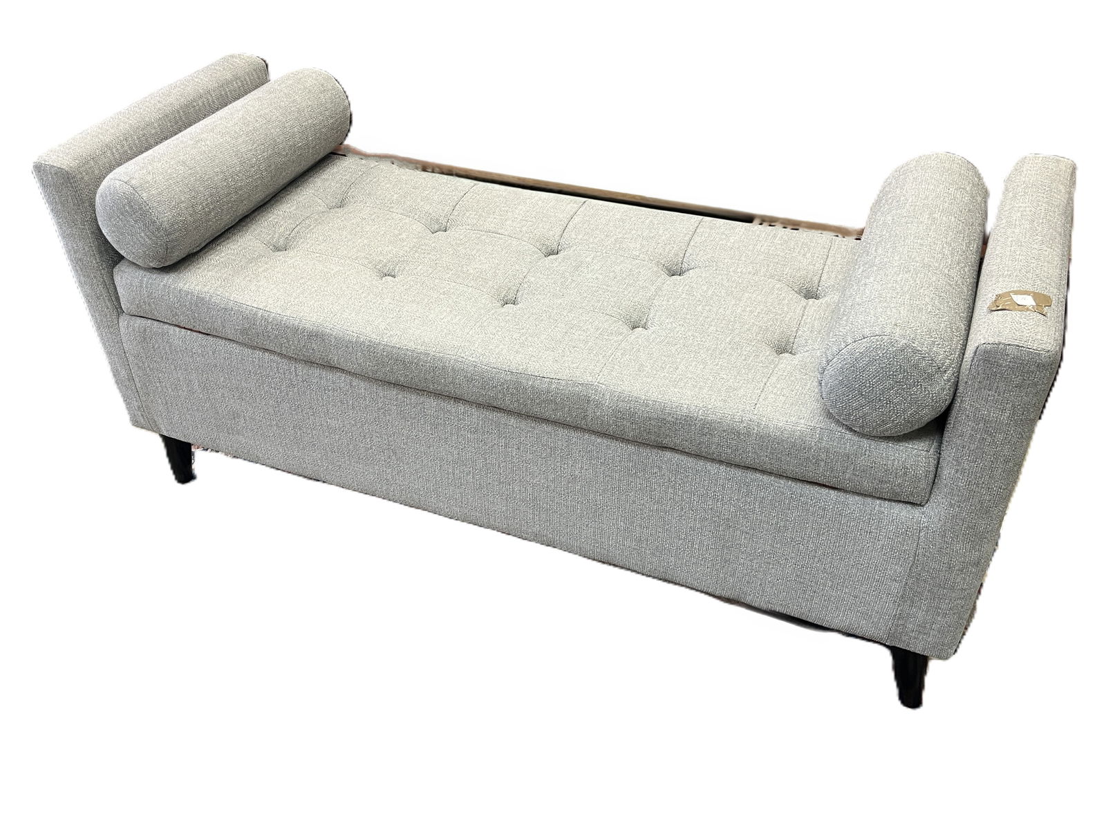 Silver Gray Tufted Arm Settee Bench with 2-Roll Pillows, opens for Storage (1 of 3)