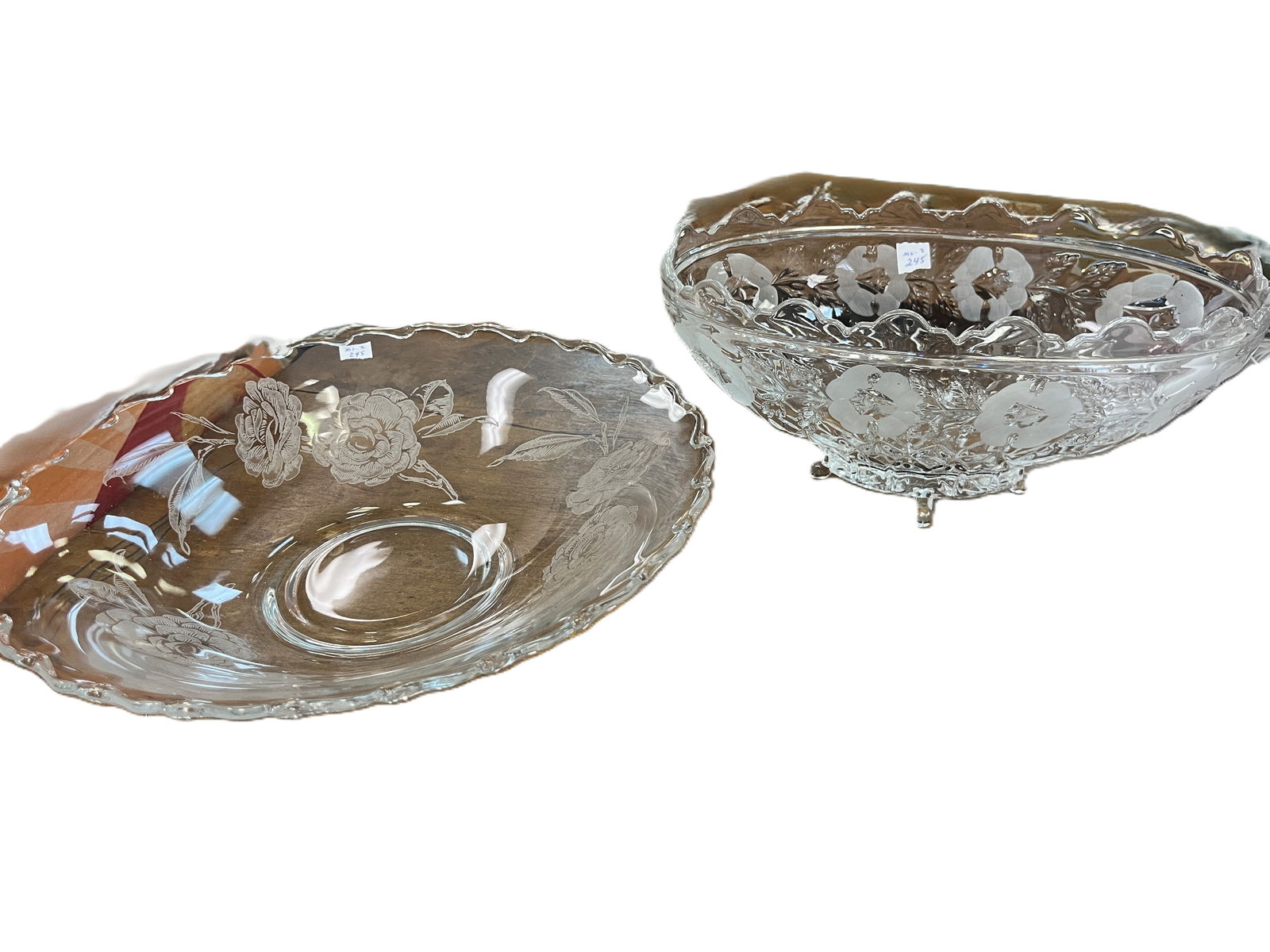 VTG Etched 12" Glass Bowl & Footed Pressed Glass Oval Bowl 11"w (1 of 4)