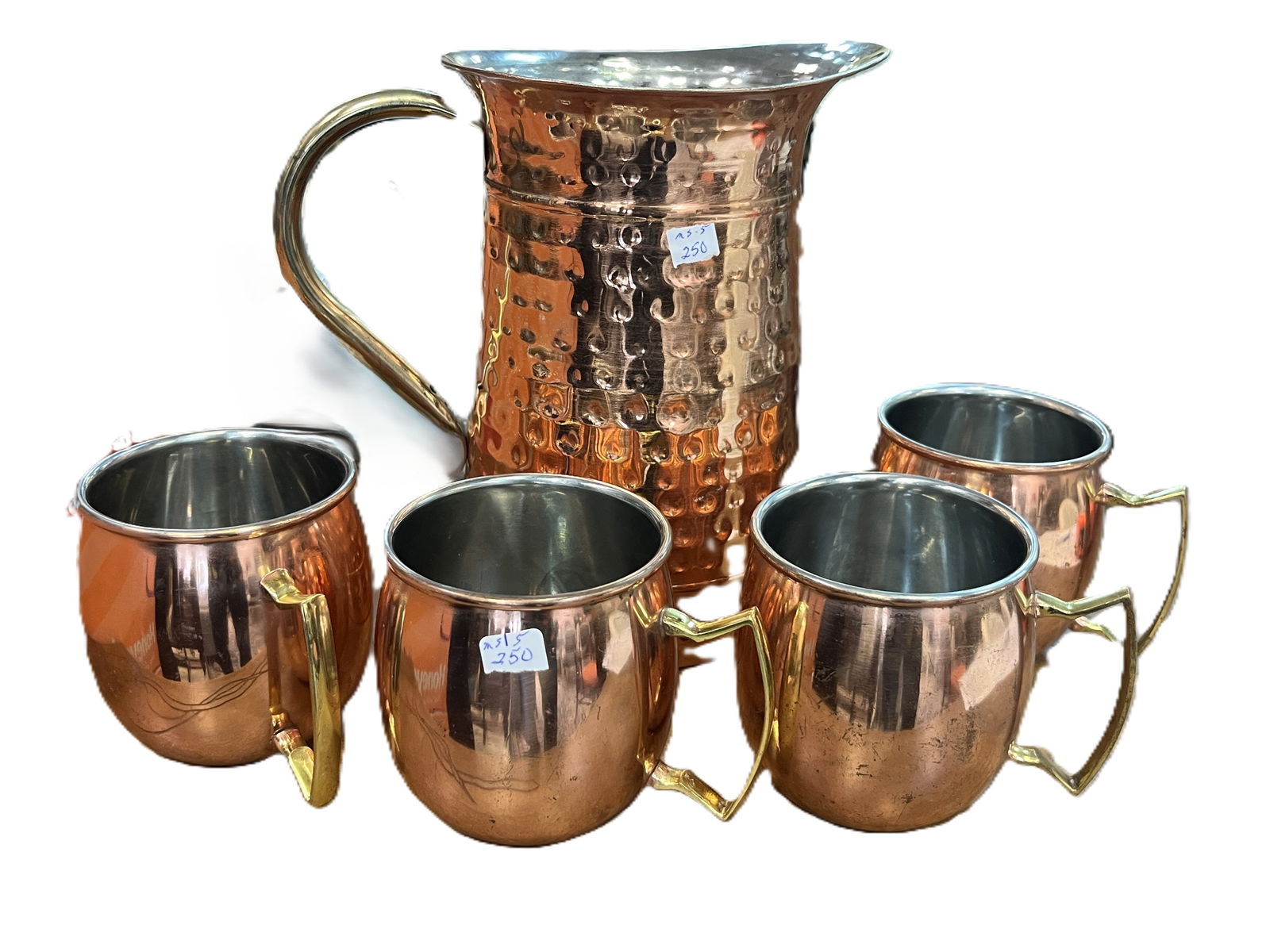 Hammered Copper 9" Pitcher with 4-Copper w/Brass Handle Mugs (1 of 2)