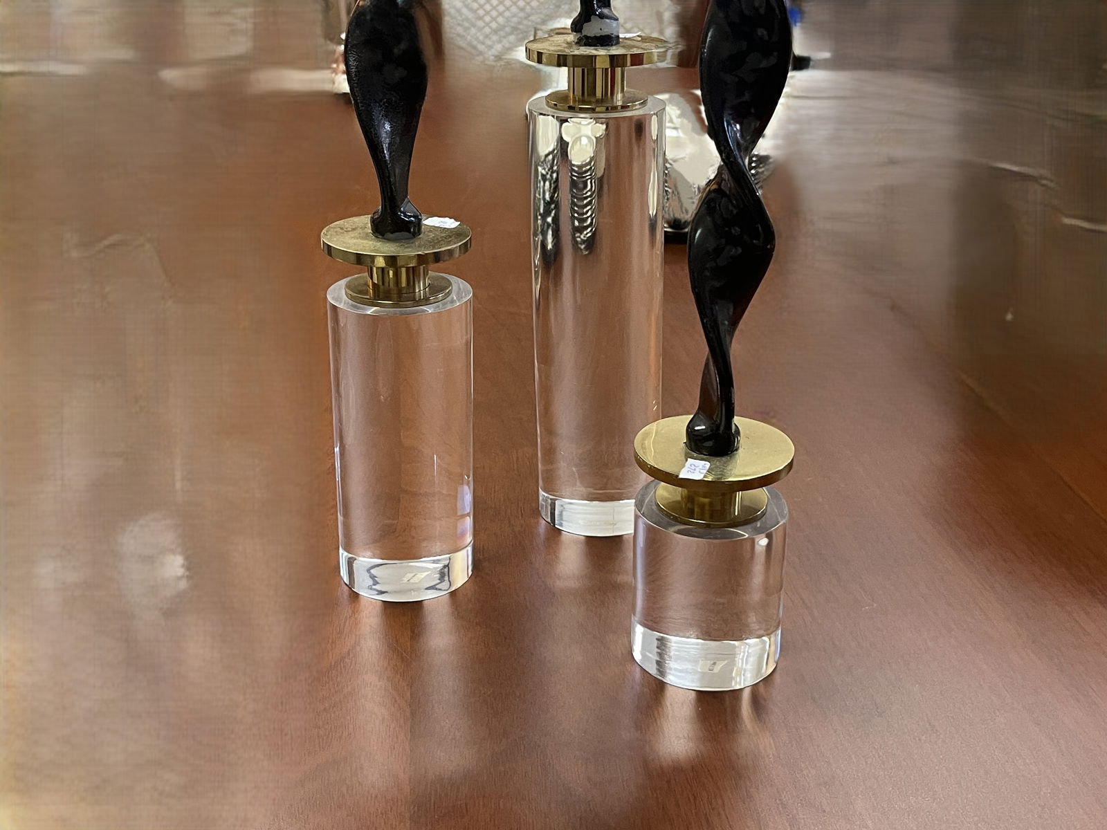 Set Of 3 MCM Brass and Lucite Acrylic Graduated Candlestick Holders: Set Of 3 MCM Brass and Lucite Acrylic Graduated Candlestick Holders 10” 7” 4”