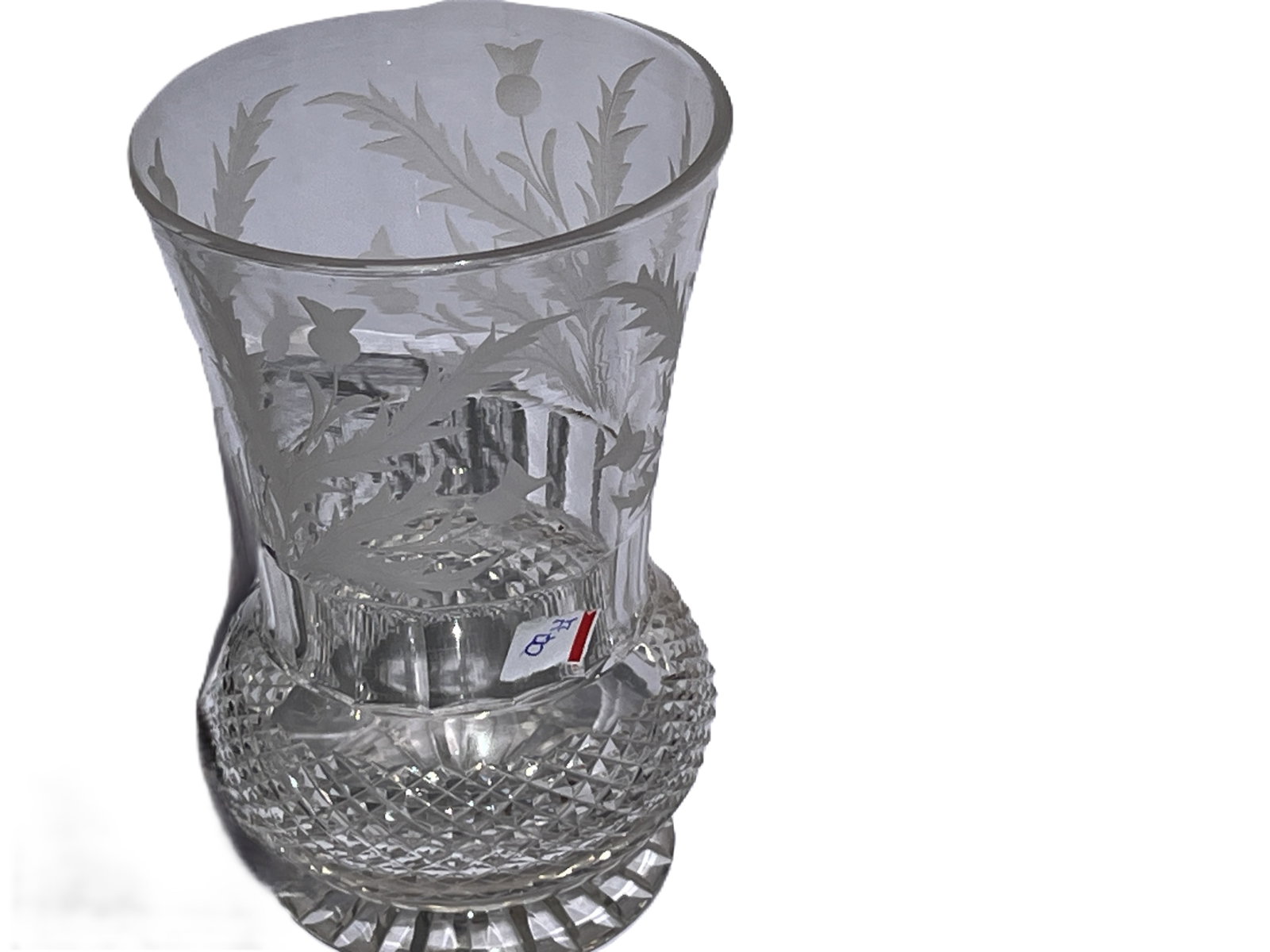 Etched and Cut Crystal 6.5" Vase with Thistle Motif: Mid 20th-Century Finely crafted clear crystal vase featuring an etched thistle and leaf motif around the upper body and deep diamond‑cut patterning at the lower section. The flared rim and