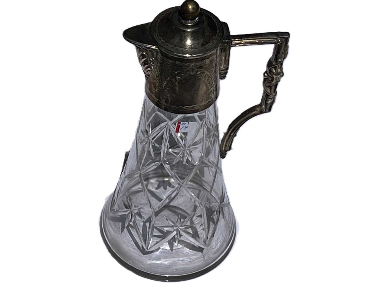 VTG Cut Glass Tankard with Metal Handle & Flip-Top Lid: Vintage cut glass tankard featuring a heavy clear glass body with deeply cut geometric and starburst patterns. Mounted with a decorative metal handle and hinged flip-top lid in the traditional beer