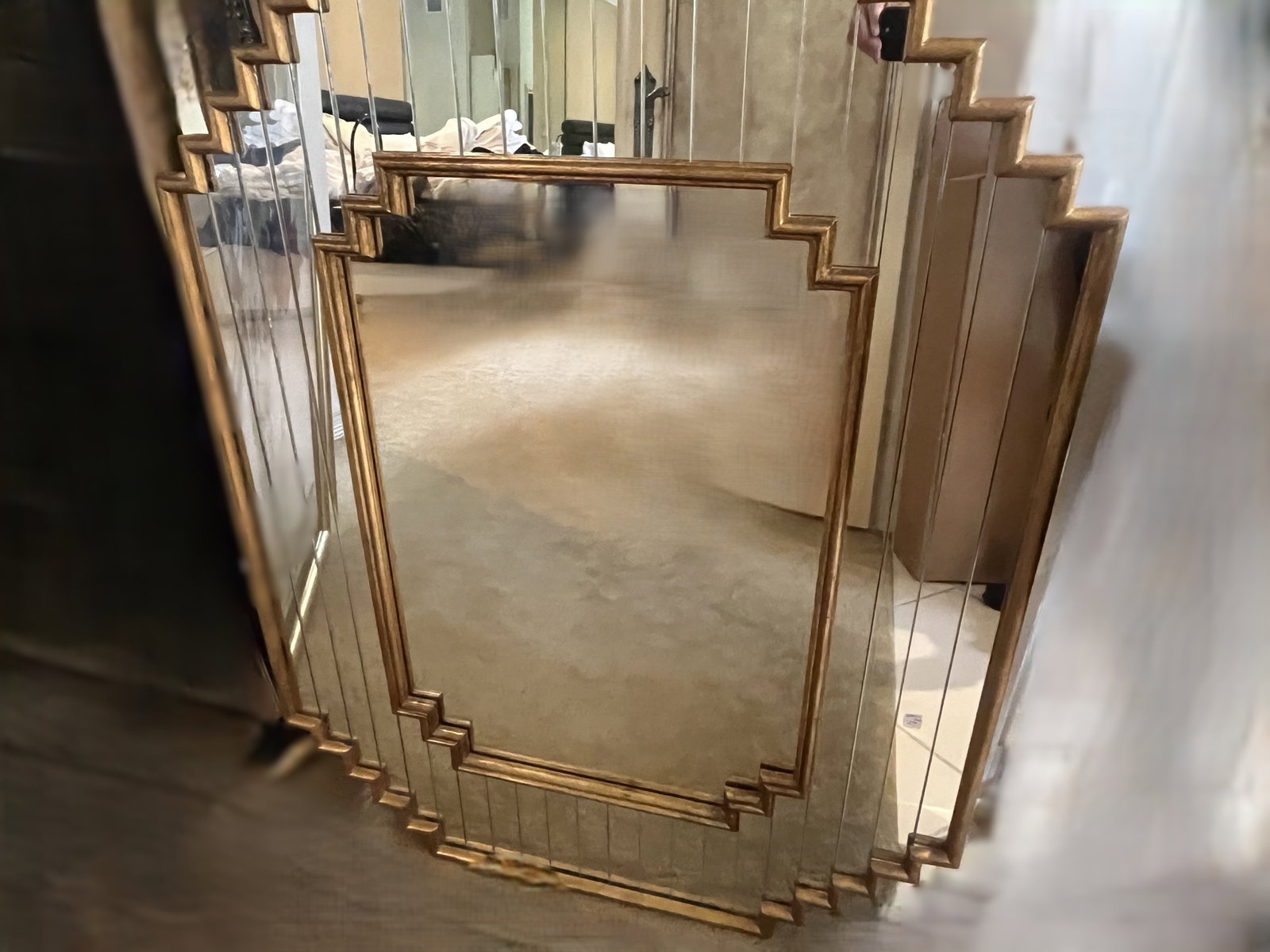 Art Deco Style Stepped Mirror with Mirrored Strip Frame, 43"×33" (1 of 1)
