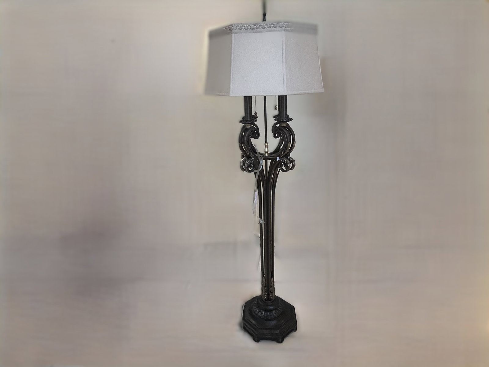Wrought Iron Floor Lamp with Scroll and Leaf Motif, Hexagonal Base (1 of 3)